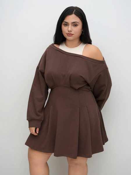 Terry Asymmetrical Neck Ruffle Hem Mini Dress Curve & Plus