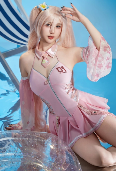 Vocal Derivative Pink Sakura One Piece Swimsuit Deep V Cherry Blossom Bathing Suit with Sleeves
