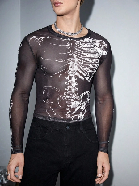 FeverCity Men T-Shirts Crew Neck Long Sleeve Graphic Tee Goth Punk See Through Top