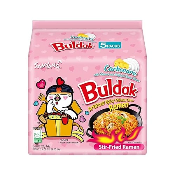 Samyang Buldak Spicy Ramen, Hot Chicken Ramen, Korean Stir-Fried Instant Noodle, Carbonara, 1 Bag with 5 Pack