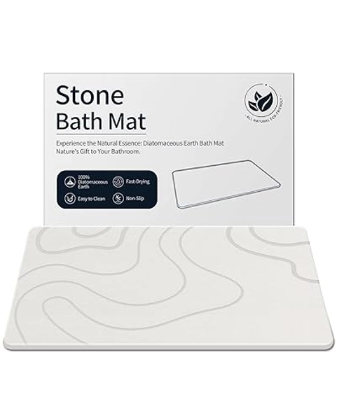 ZIKIBL Stone Bath Mat Diatomaceous Earth Shower Mat Non-Slip Super Absorbent Diatomite Stone Mats for Bathroom Floor/Ktichen Cuonter Quick-Drying Easy to Clean (24''*16''White)