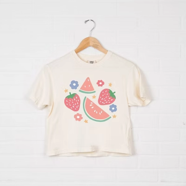 Simply Sage Market Women's Pastel Fruits Short Sleeve Relaxed Fit Cropped Graphic Tee - L - Ivory