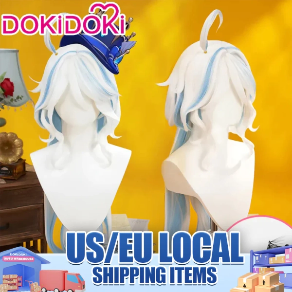 【US/EU LOCAL SHIPPING 】【Long Ver. 】DokiDoki Game Genshin Impact Cosplay Fontaine Focalors Wig Long White Blue Curly Wig Furina Fake Eyelashes