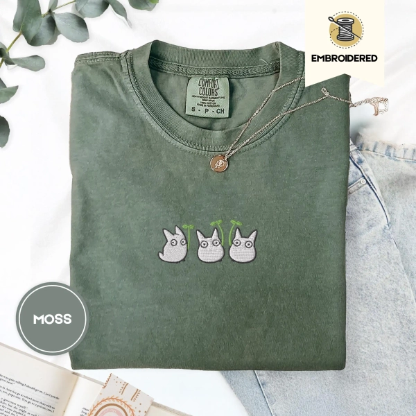Chibi Forest Sprites Embroidered Comfort Colors® Tee – Cute Forest Spirit Shirt, Cottagecore Anime Gift, Cozy Studio Anime inspired Top