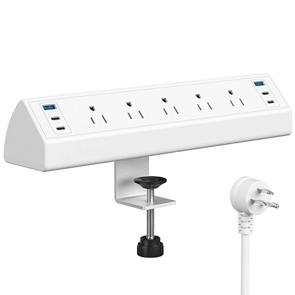 Desk Clamp Power Strip USB C,40W Total Fast Charging Station,4 PD 20W USB C Ports,Nightstand Edge Mount Power Strip with 6 USB Ports 5 AC Outlets Surge Protector,6ft Cord,Fit 1.96" Tabletop Edge
