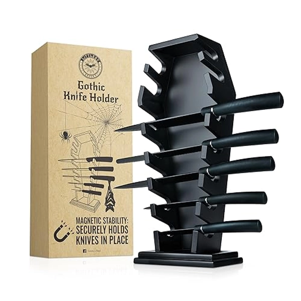 Coffin knife holder has 14 Magnets for 7 knives- Gothic Kitchen Decor and Goth Kitchen Accessories, Gothic Knife Holder, Halloween Knife Holder for Goth Kitchen, Littlesy （Without Knives）