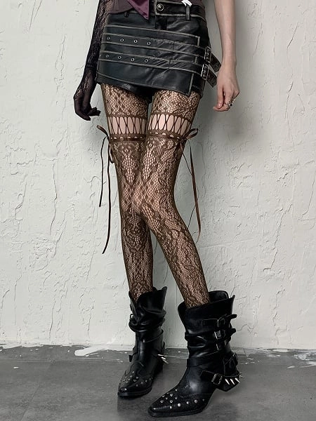 [$9.99]Coffee/Gray/Black/White/Purple/Blue Y2K Floral Pattern Self-tie Straps Cut-out Design Tights