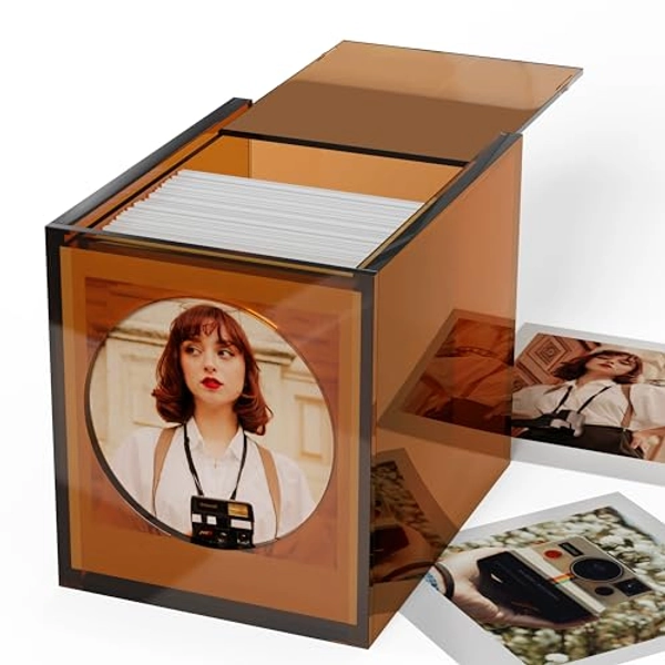 WINKINE Acrylic Polaroid Frame & Photo Storage Box for Polaroid i-Type/600/SX-70 Film, Polaroid Film Picture Frame 4.2’’x3.5’’, Polaroid Film Instax Frame Vintage Box with Sliding Lid, Amber, 1 Pack