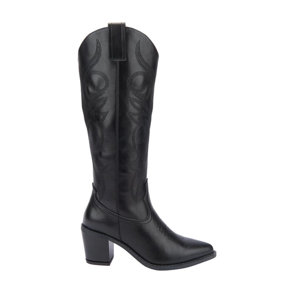 TIERRA BENDITA Bota LargaNegro 8627 para Mujer Texana Vaquera Bordada con Tacón Ancho y Medio 8 cm Napa Horma Puntal con Antiderrapante para Rodeo o Noche Mexicana