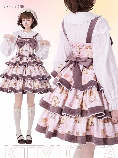 [$61.00]Adorable Fluffy Kitty Print Pink Sweet Dress Cat Ears Big Bow Bodice Lolita Jumper Skirt
