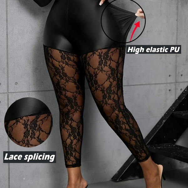 [Black Trousers] Black Hip Hugging Trousers | Women's Large Size Elastic Waist with Contrast Lace Patchwork