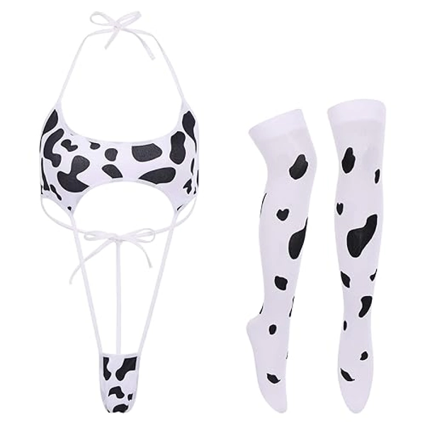 FYMNSI Women Sexy Milk Cow Lingerie Set Anime Maid Cosplay Costume Mini Bikini Bra Bodysuit with Bell Choker Stockings Outfit