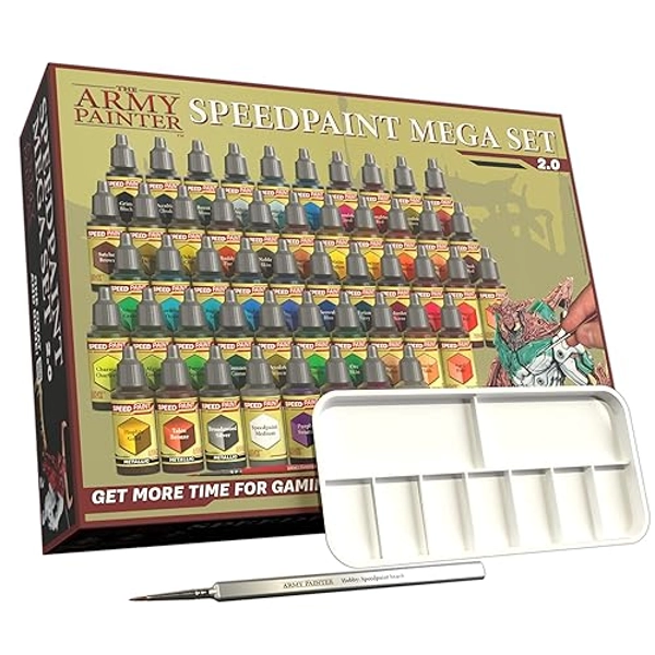 The Army Painter Speedpaint 2.0 Mega Set Combo, 50 Dropper Bottles of Non Toxic Acrylic Contrast Paint 18ml for Wargaming, Incl. 1 Paint Palette and 2 Army Painter Brushes