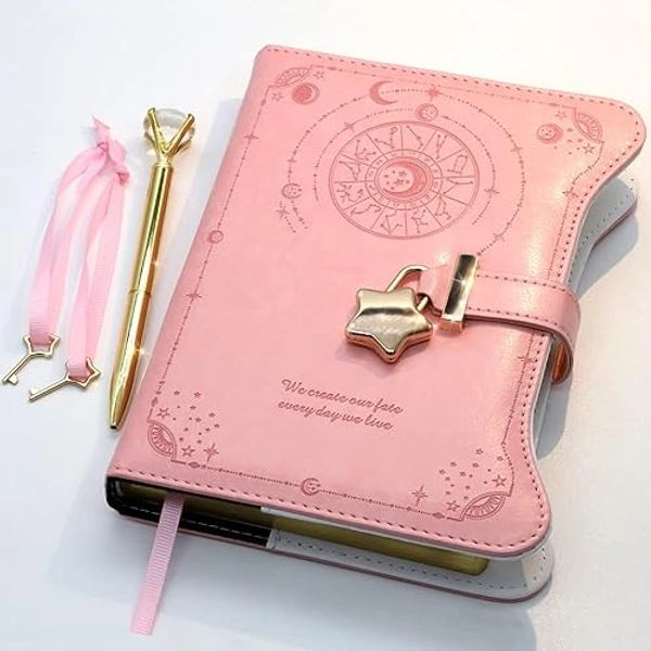 Hoci Poci Diary with Lock and Keys for Girls Gift Ideas, 360 Gold Edged Pages Journal for Women, B6 Refillable Notebook for Writing with Pen and Bookmark (Astro Pink)