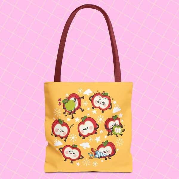 Sunny Apple Tote Bag, Caleb Love and Deepspace, Whimsical Grocery Tote, Eco-Friendly Shopping Bag, Cheerful Lunch Bag