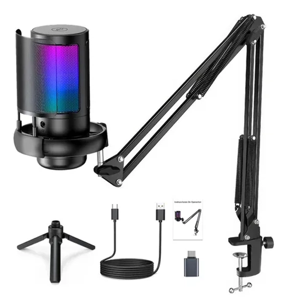 Microfone Condensador Cardioid Rgb Para Pc Gamer E Gravação