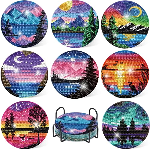 8 Pcs Diamond Art Coasters Kits with Holder, Landscape DIY Diamond Paintings Coaster Kits,Scenery Full Drill Rhinestone Painting Kits for Adults Beginners Art Craft Supplie for Tabletop Protection. - BD8P6201-US