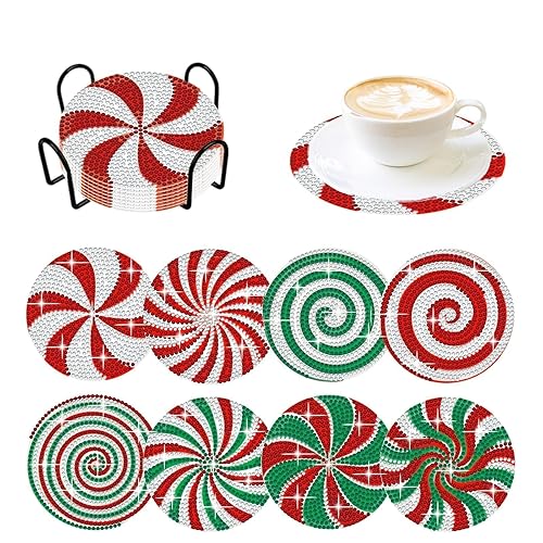 8 Pieces Christmas Candy Diamond Coasters with Holder 5D DIY Christmas Candy Diamond Art Coasters for Drinks Diamond Arts Kits for Christmas Holiday Gift - Candy Style
