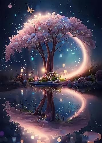 KINPLUB 5D Diamond Painting Kits for Adults, Tree Diamond Art Kits for Beginners, DIY Full Round Drill Paint with Diamond Pictures Gem Art, Home Wall Decor 12 x 16 Inch - Pink tree