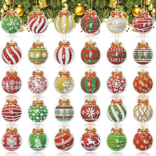 Quelay 30 Pcs Christmas Ball Diamond Painting Keychains Kits with Tools Christmas Balls Hanging Diamond Art Hanging Diamond Painting Keychains for Craft DIY Ornaments
