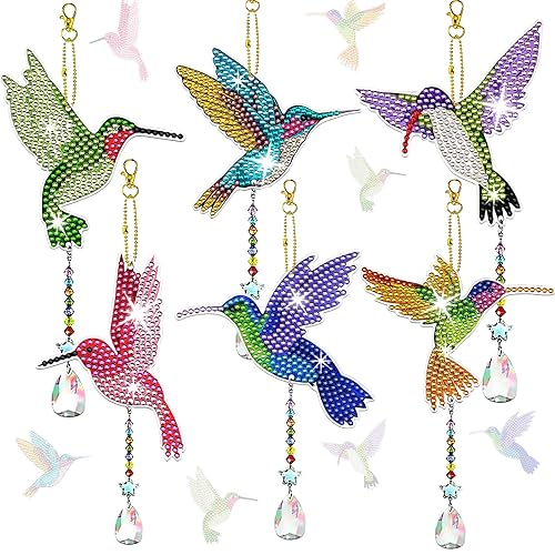 JeCuiK 6 Pcs Diamond Painting Wind Chimes Rhinestone Hummingbird Diamond Art Suncatcher Double Sided 5D DIY Diamond Painting Kits for Adults Kids Crystal Pendant Best Gifts for Mom - Hummingbird