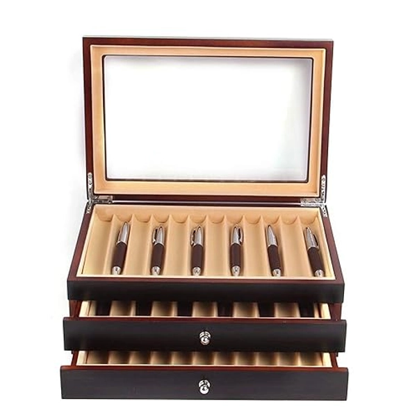 Eapmic 3 Layer Wood Pen Organizer - 34 Pen Storage Box With Top Glass Window, Fountain Collection Display Case (Black)