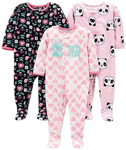 Simple Joys by Carter's Toddlers and Baby Girls' Loose-Fit Flame Resistant Fleece Footed Pajamas, Pack of 3