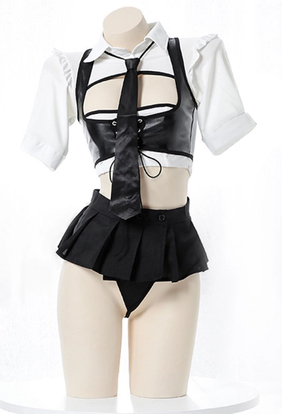 Sexy Lingerie Set Uniform Style Cutout Top and Mini Skirt Set with Tie