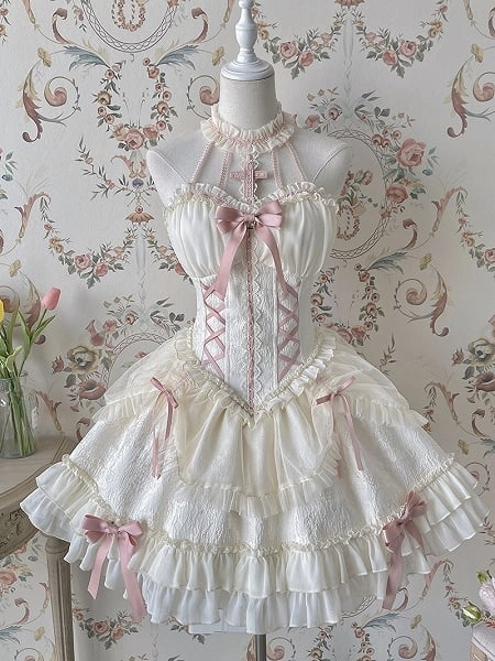 Cross Belle Ivory and Pink Corset Dress Halter Neck Balletcore Lolita JSK