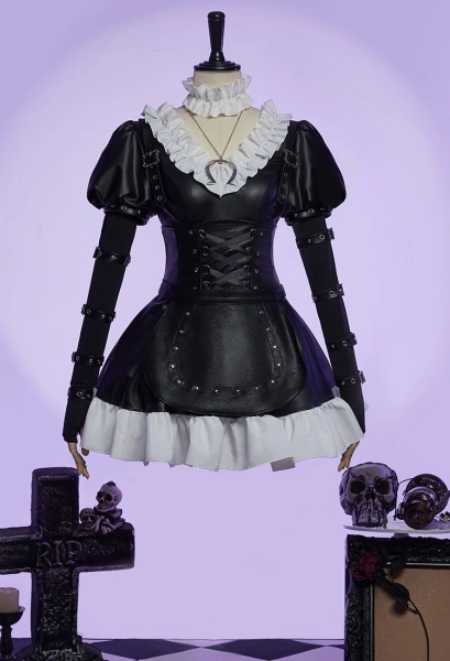 Alice: Madness Returns Derivative Halloween Steampunk Outfit Ruffled Leather Dress with Apron and Waist Shaping
