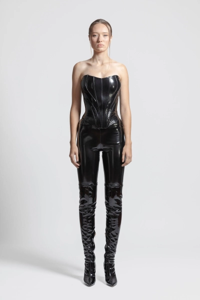 Glossy Black Corset Top | Latex Feel Shiny Faux Leather Bustier Wet Look Bustier Slim Fit  Shaping Top Vegan PVC Vinyl Handmade Clothing