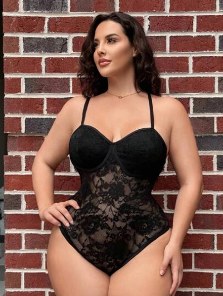 SHEIN SXY Plus Size Lace Bralette Sexy Bodysuit Lingerie