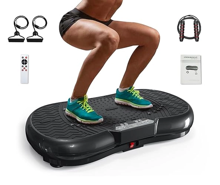 Bigzzia Vibration Plate Exercise Machine 10 Modes Whole Body Workout Vibration Fitness Platform w/ Loop Bands Jump Rope Bluetooth Speaker Home Training Equipment for Weight Loss & Toning