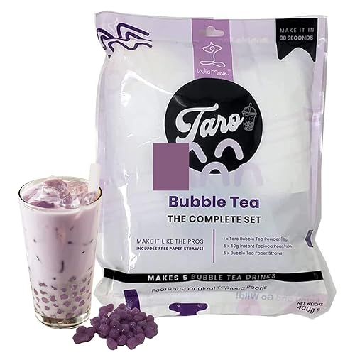 Wild Monk Boba Tea Kit - Bubble Tea Set for Boba Tea at Home - Set Contains Taro Milk Tea Powder (150g), 5X Instant Bubble Tea Pearl Packs (50g Each), 5X Bubble Tea Paper Straws - Taro Milk Tea Powder