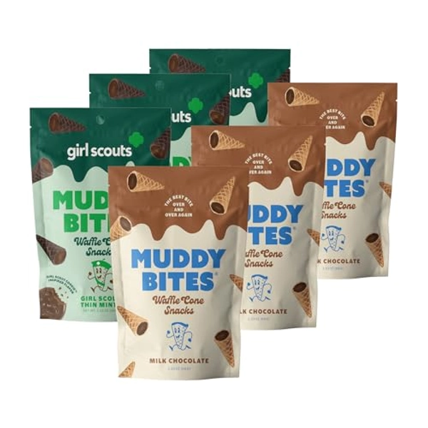 Muddy Bites Waffle Cone Snacks Bite Sized Chocolate Filled Waffle Cones for Snack or Dessert, Milk Chocolate & Girl Scout Thin Mints, Made with Pure Cane Sugar, Non-GMO, Kosher (Variety Pack, 6 Bags)