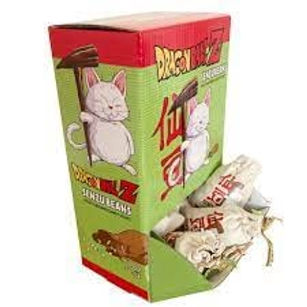 Boston America Dragonball Z Senzu Beans Candy Collectible Korin Drawstring Bag with Sour Green Apple Flavored Green, 2 Ounce - 18 Count Display Box