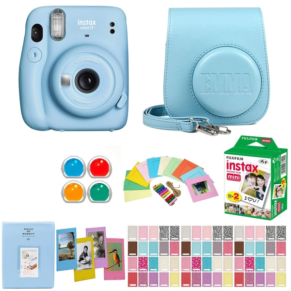 Fujifilm Instax Mini 11 Instant Camera with Personalized Matching Case, 20 Sheets of Film and 80 Piece Design Kit - Sky Blue