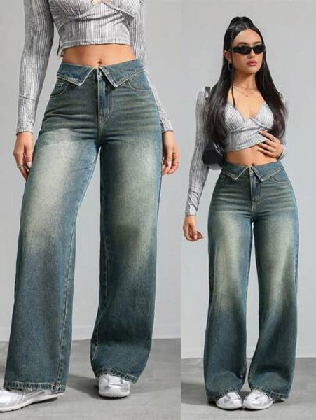 SHEIN Tall Women's Jeans Casual Fit Straight Trousers Blue Women's Loose Jeans Tall Women Pants Low Rise Baggy Jeans