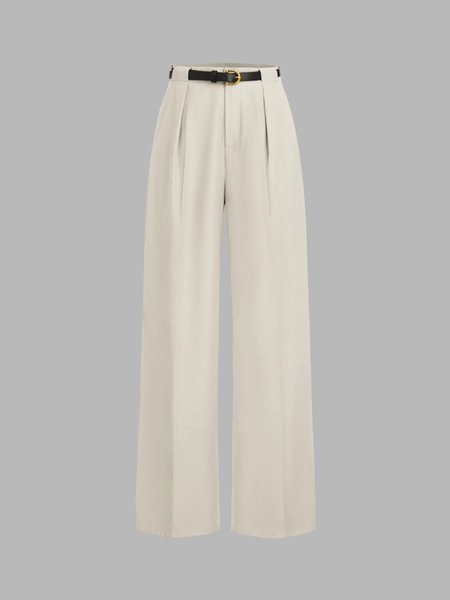 Mid Waist Solid Pocket Straight Leg Trousers With Belt