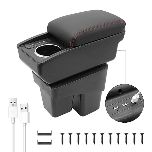YJYWZH Car Armrest Storage Box for Honda Fit Jazz 2014-2019,Double Layer Car Center Console Organizer Armrest Box with 6 USB Ports and Cup Holder,Car Interior Accessories(Red Thread)