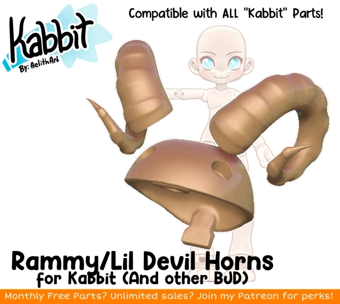 DIGITAL .STL - Addon Rammy/Lil Devil Horns for Kabbit - 26-28cm - 3D Printed Ball Jointed Doll