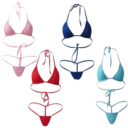 1-4 Pack Sexy Bikini Sets for Women UK 2 Piece Brazilian Swimsuits Halterneck Lingerie Thong Triangle Backless Low Waist Bikini Bra Top Tie Thong Cute Bathing Suit Swimwear - One Size - 4 Sets Multicolor C