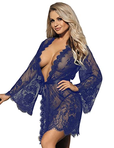 ohyeahlady Womens Sexy Lingerie Set Plus Size Babydoll Nightwear Kimono Dressing Gown Lace Robe with G-String,Belt, Size XS-6XL - XS-S - Blue