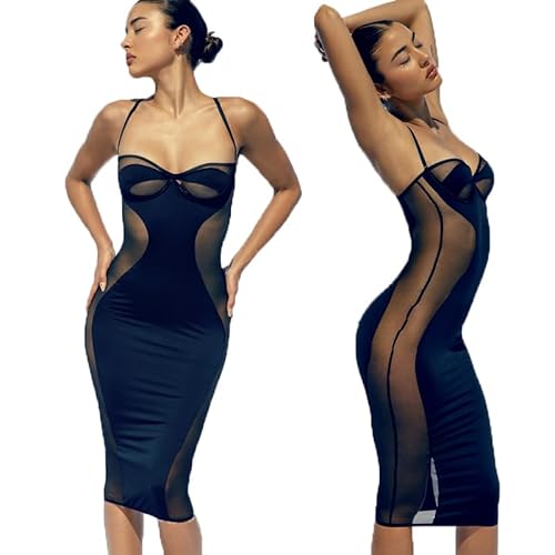 OhMill Sexy Dress for Women Sexy Black Dress Tight Dress See Through Mesh Lace Transparent Dress Long Bodycon Dress - L - Black-knee-long
