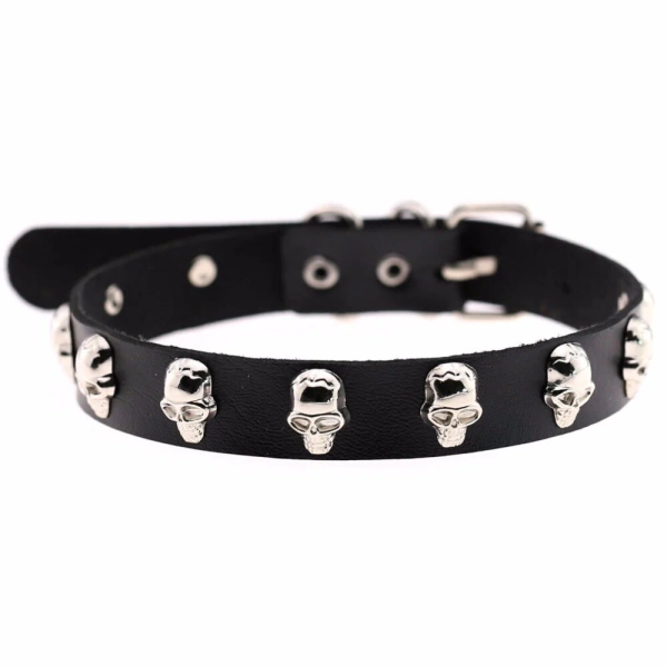 Goth 'Built for This' Black PU Leather Skull Stud Choker