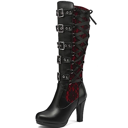 SacciButti Ladies Goth Knee High Boots For Women Punk Boots Block Heel Gothic Boots Lace Zipper - 9 UK - Red