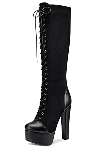 NobleOnly Women's Platform Mid-Calf Boots Lace-Up Zipper Block Heel 6IN High Heels - 9 UK - Black Suede