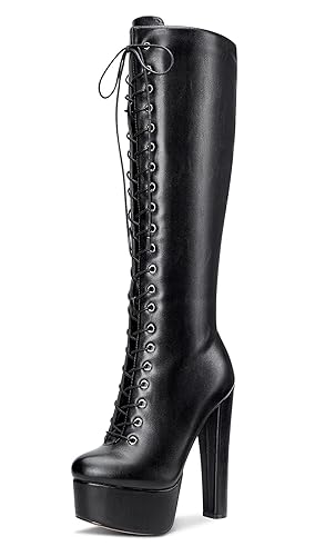 Castamere Women's Mid-Calf Boots Lace-Up Zipper Platform Block Heels 6IN High Heels - 9 UK - Black Matte