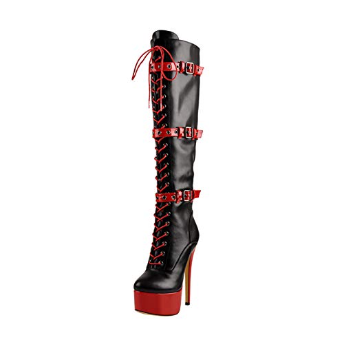 MissHeel Women's Knee High Platform Boots Lace-up Stiletto Winter Wearing Booties - 10 UK - Crimson Black