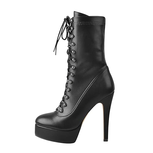Only maker Women's Mid Calf Lace Up Ankle Boots Platform Stiletto High Heel Goth Punk Biker Motorcycle Booties with Side Zipper Black Size - 9 UK - Black